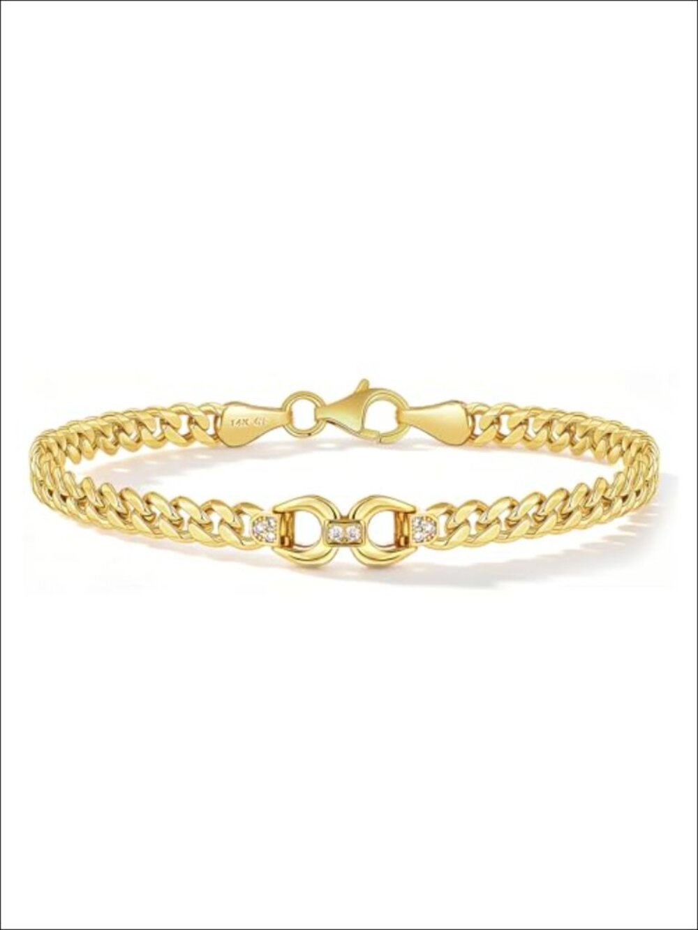 14K Gold Cuban Link Bracelet with Double Horseshoe Charm CZ Accent